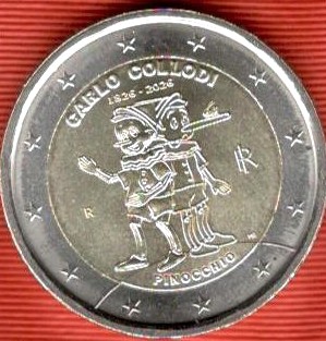 Italia 2026.- 2 euros, Aniversario del nacimiento de Carlo Collodi, creador de Pinocho,